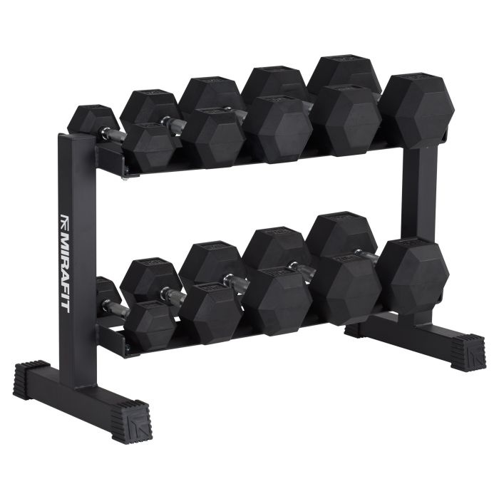 Mirafit Hex Dumbbells With Rack - 5kg to 25kg Set Model reference · options at Mirafit