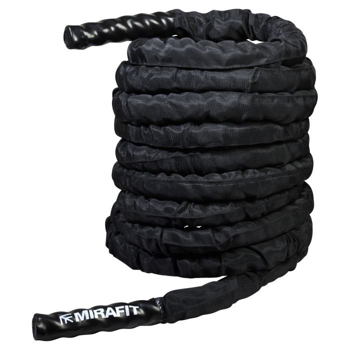 Mirafit 9 Metre 38mm Metre Black Sleeve Battle Rope on Gym Flooring