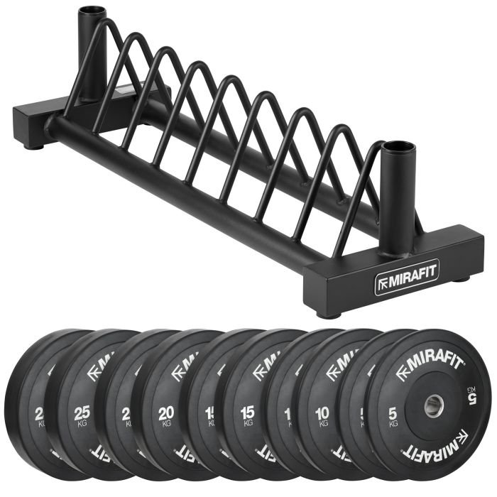 150kg Bumper Plates Set and Storage Rack Mirafit