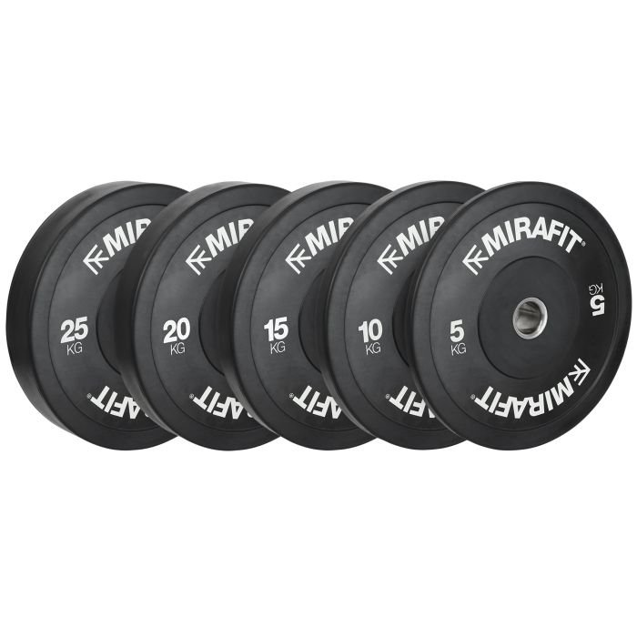 Load Mirafit Black Rubber Bumper Plates on Barbell