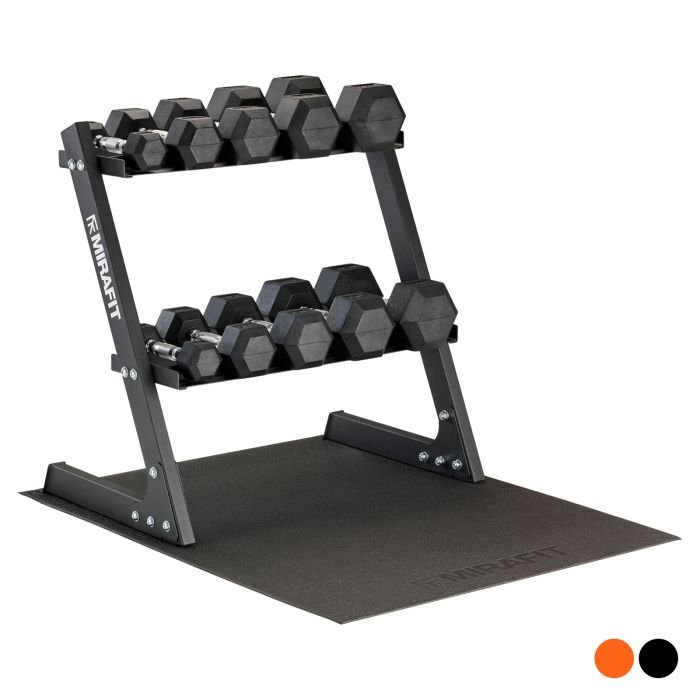 Rubber Hex Dumbbell Set with Weight Rack and Mat Mirafit