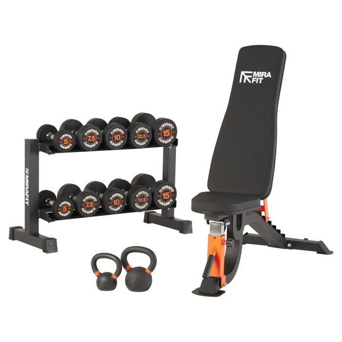 M150 Bench, Dumbbell Kettlebell Set Mirafit