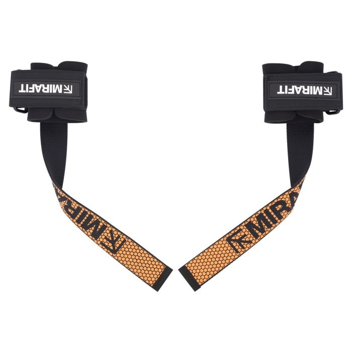 Mirafit Orange And Black Lifting Straps with Padded Cuffs on Gym Floor