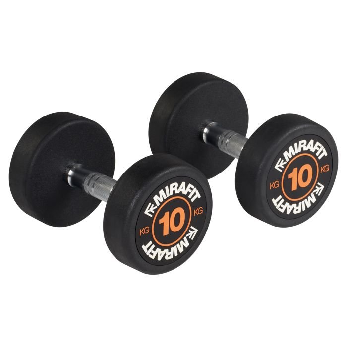 pair of 10kg Mirafit Ring Dumbbells on gym floor