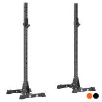 Man Squating from Orange Mirafit M3 Squat Stands with Wheels