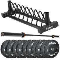 Mirafit 150kg Black Bumper Plates Bar and Storage Stand in gym