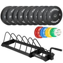 Mirafit 150kg Black Bumper Plates Fractionals Storage Trolley in gym