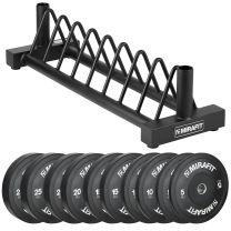 Mirafit 150kg Black Bumper Plates and Storage Stand in Gym