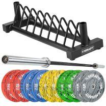 Mirafit 150kg Marbled Bumper Plates Storage Stand and Bar in gym
