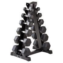 Mirafit Six Pair Hex Dumbbells and Black Storage Tree Sat on Gym Mats