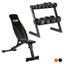 Mirafit Orange Folding Home Gym Bench with Dumbbells and Storage Rack