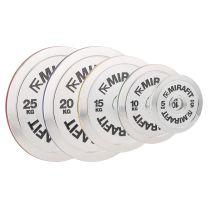 Mirafit Calibrated Steel Powerlifting Weight Plates loaded on a barbell