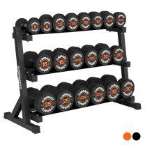 Mirafit Ring Dumbbell Set with Black 3 Tier Weight Rack on White Background