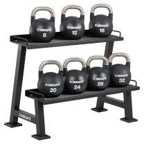 Set of Mirafit Gen II Competition Kettlebells with Storage Rack in a gym