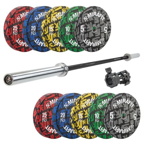 Mirafit M3 Olympic Barbell & Colour Emblem Bumper Plates Set