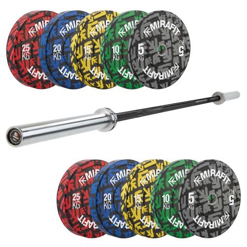 Mirafit M3 Olympic Barbell & Colour Emblem Bumper Plates Set