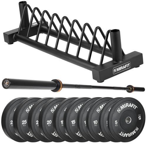 Mirafit M3 Olympic Barbell with Bumper Plate Set and Weight Storage Stand