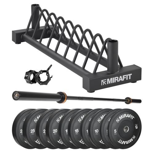 Mirafit M3 Olympic Barbell with Bumper Plate Set and Weight Storage Stand