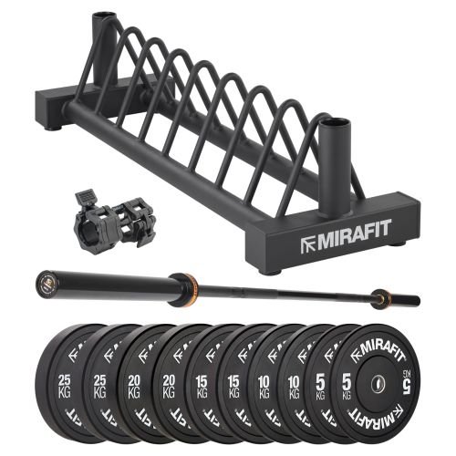 Mirafit M3 Olympic Barbell with Bumper Plate Set and Weight Storage Stand