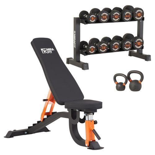 Mirafit M150 Bench, Dumbbell & Kettlebell Set