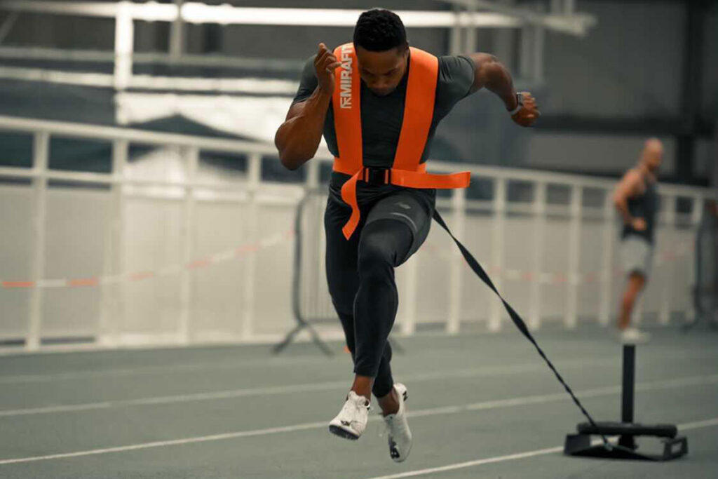 Mirafit Weight Drag Sled & Harness Olympic sprinter Harry AA strength training with a Mirafit Weight Drag Sled & Harness