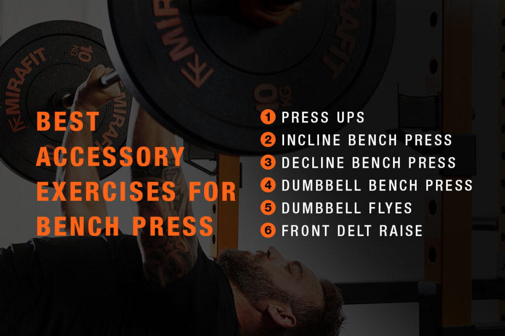 Bench press accessory exercises Graphic showing the six best accessory lifts for bench presses