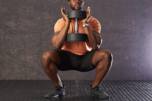 Fitness expert performing a dumbbell goblet squat with a Mirafit Rubber Dumbbell