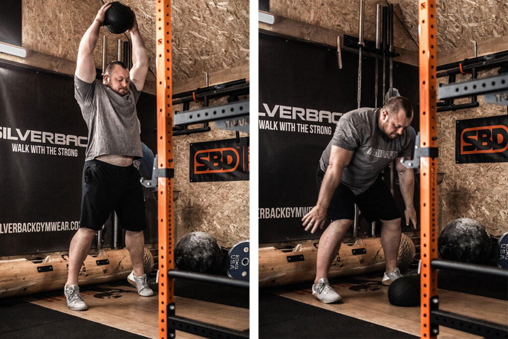 Strongman Adam Bishop performing a Medicine Ball slam with a Mirafit Slam Ball. He's showcasing medicine ball benefits.