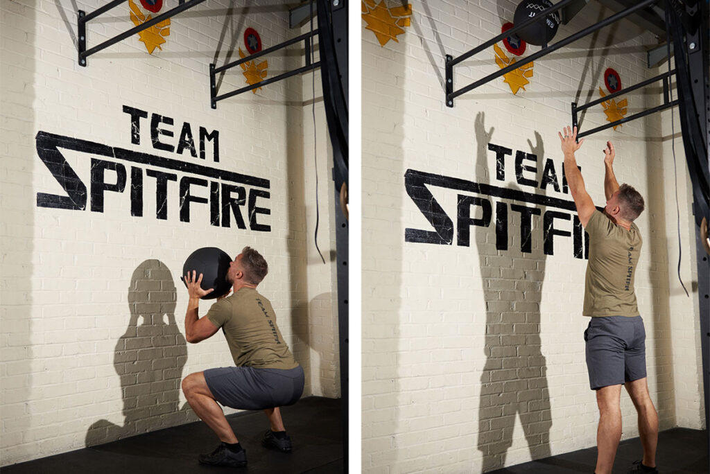 Man demonstrating medicine ball benefits by doing a squat and throw with a Mirafit medicine ball