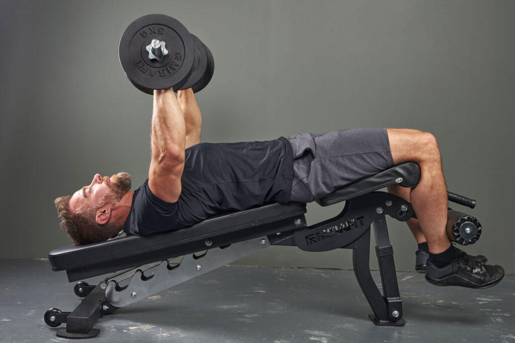 Mirafit M350 Adjustable Weight Bench Fitness Professional Performing Decline Dumbbell Bench Press on Mirafit M350 Adjustable Weight Bench