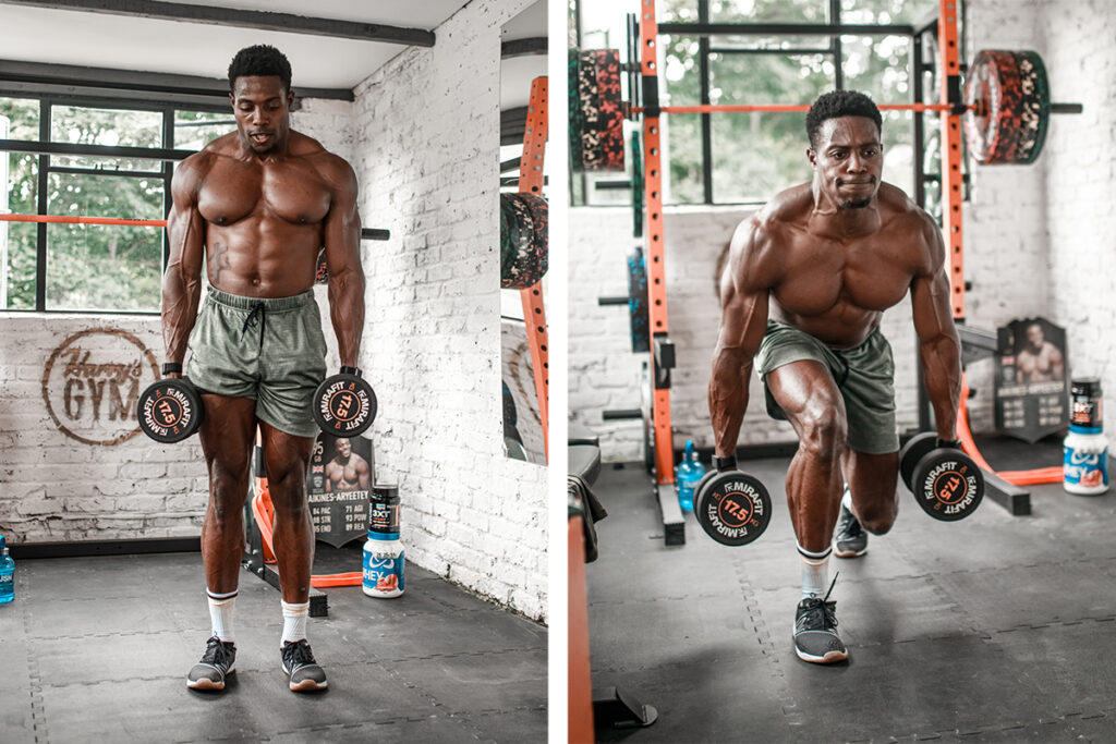 Mirafit Rubber Dumbbells - 17.5kg Dumbbells Team GB Olympic Sprinter Harry AA performing lunges with Mirafit 17.5kg dumbbells