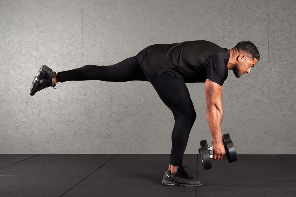 Man Doing a Dumbbell Single Leg Deadlift with a Mirafit Dumbbell
