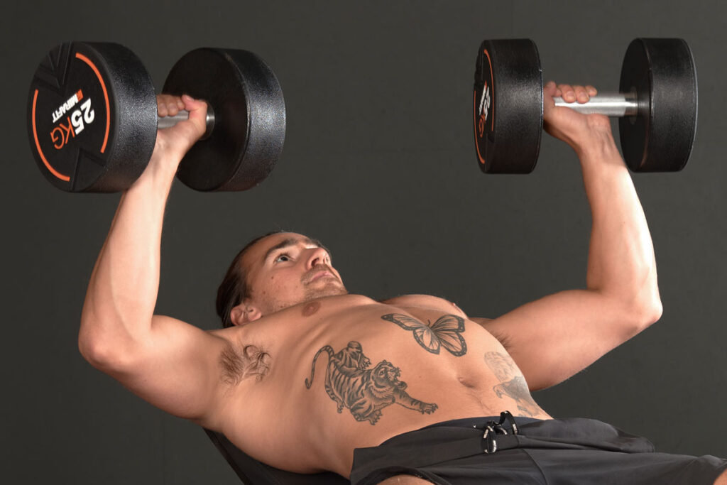 Dumbbell Bench Press with Mirafit Rubber Dumbbells - 25kg Dumbbells