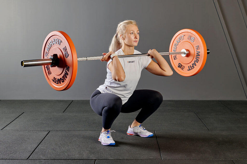 Mirafit Olympic Bumper Plates Barbell Thruster using Mirafit Olympic Bumper Plates - 10kg Bumper Plates