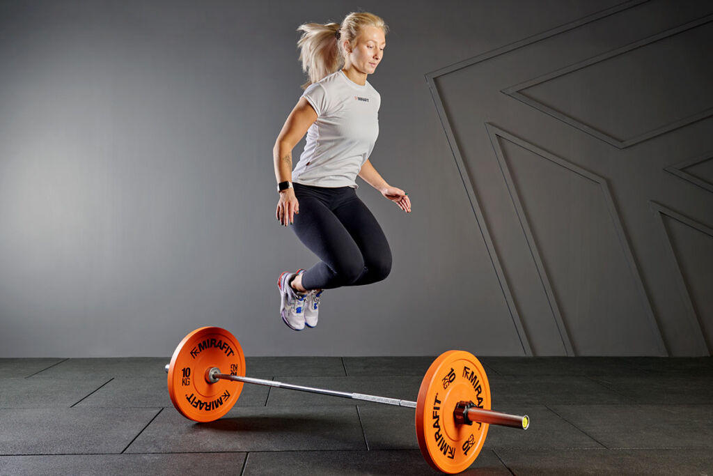 Mirafit M3 Classic 15kg Women's Olympic Barbell Burpee Over Bar with Mirafit M3 Classic 15kg Women's Olympic Barbell