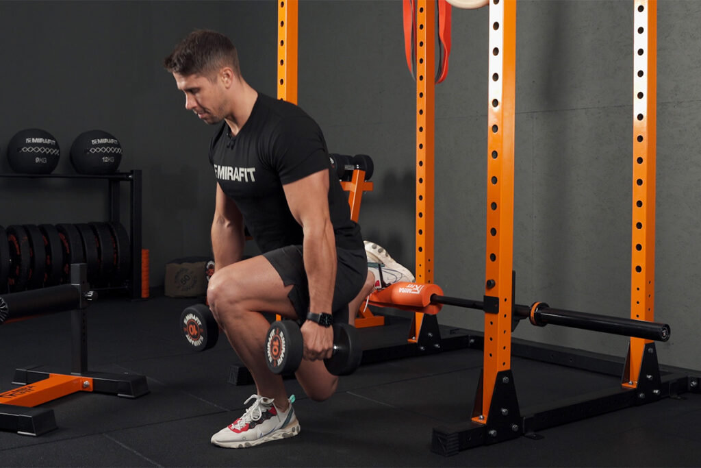 Mirafit Barbell Weight Pad Gareth Sapstead Rear Foot Elevated Split Squat Using Power Rack