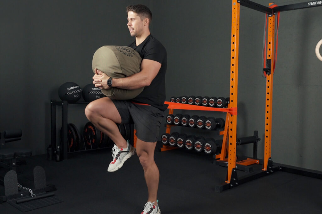 Mirafit Gen III Sandbag for Strongman Training Gareth Sapstead limited space loaded carry with a Mirafit Gen III Sandbag for Strongman Training
