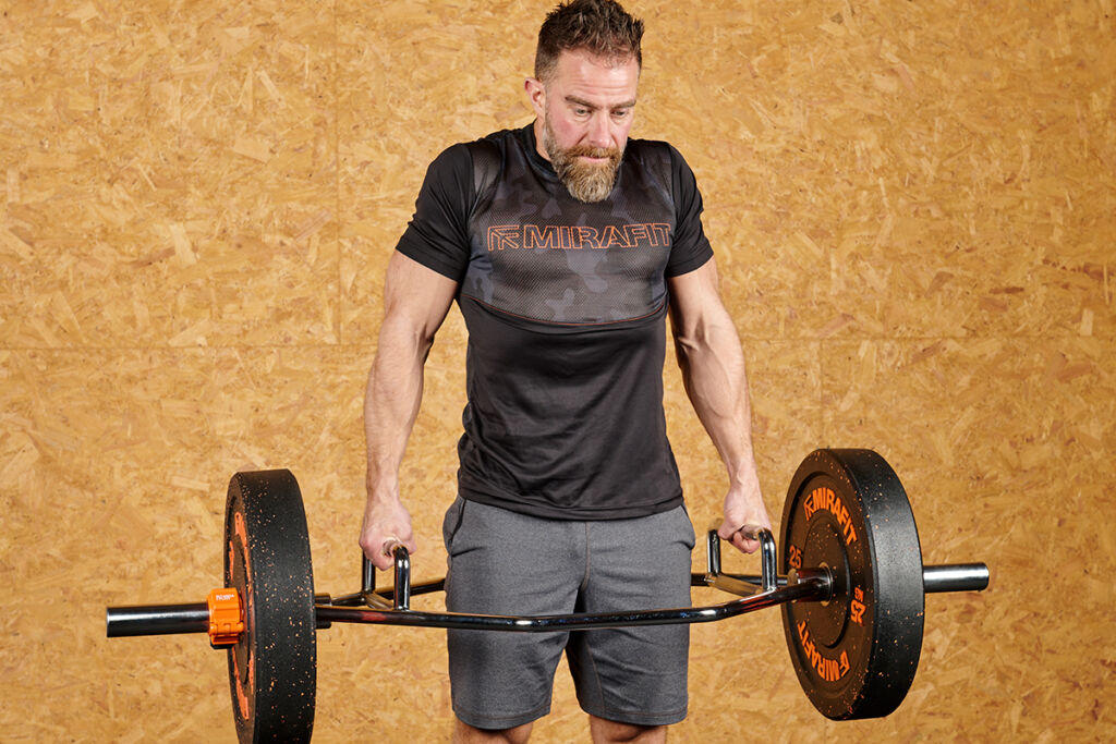 Mirafit Crumb Rubber Olympic Bumper Plates Trap Bar Shrug with a Mirafit Olympic Trap Bar