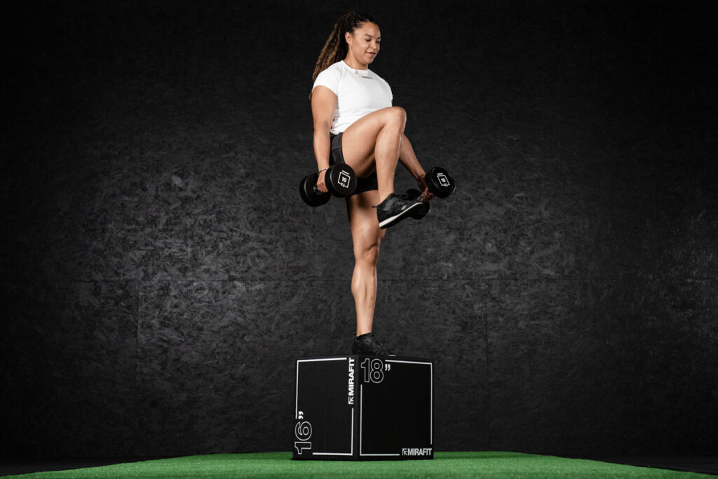 Mirafit Plyo Hybrid Jump Box Dumbbell step ups on Mirafit Plyo Box