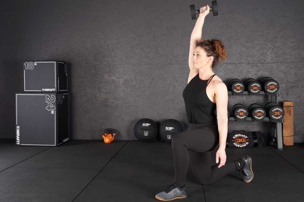 Overhead Lunge overhead lunge with a Mirafit Rubber Dumbbell
