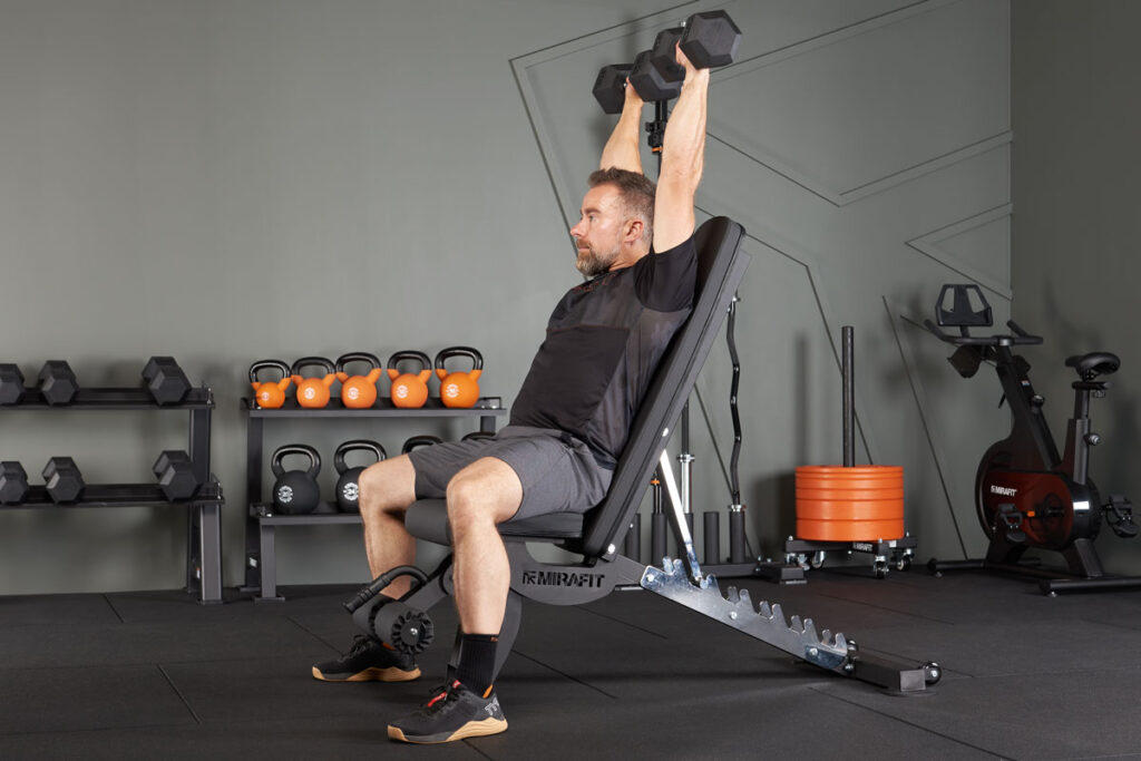 Mirafit M350 Adjustable Weight Bench Incline shoulder press using Mirafit Hex Dumbbells