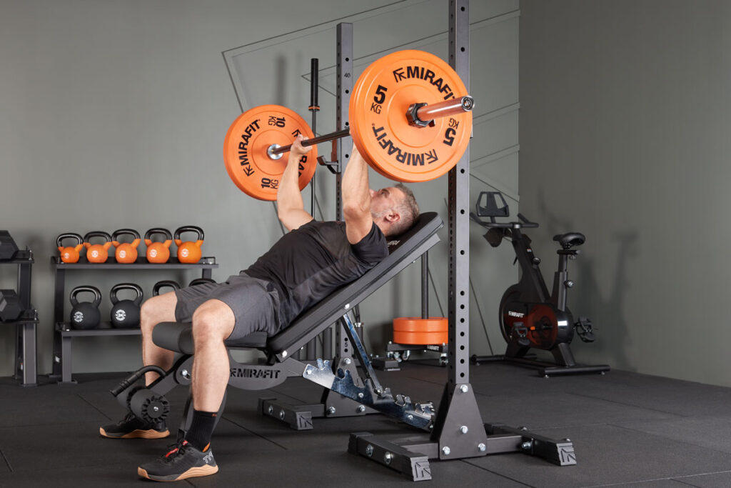 Mirafit Olympic Bumper Plates Mirafit Incline Barbell Bench Press using Mirafit Olympic Bumper Plates