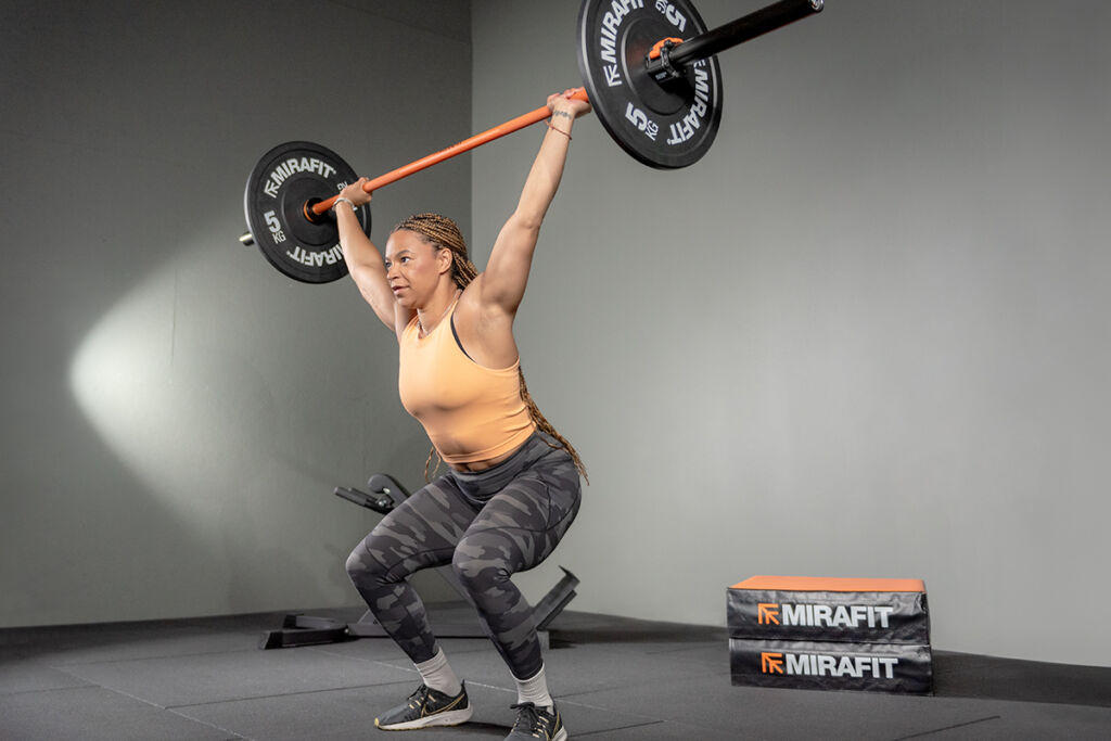 Mirafit Black Olympic Rubber Bumper Plates Mica Moore Barbell Snatch with Mirafit Plates
