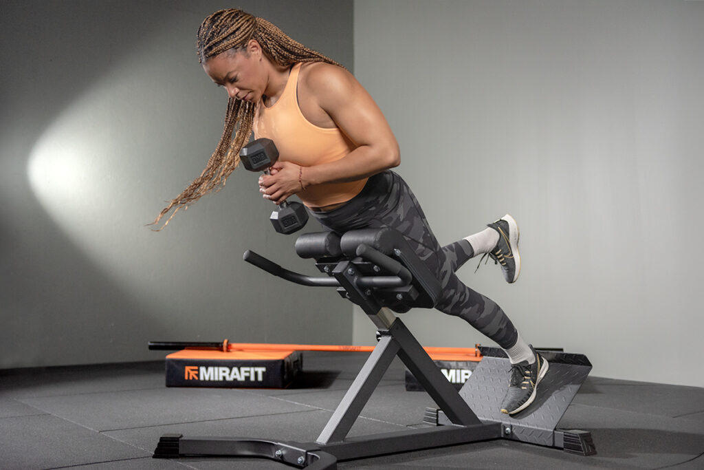 Mirafit Hyperextension Bench Mica Moore single leg hyperextension on Mirafit Hyperextension Bench
