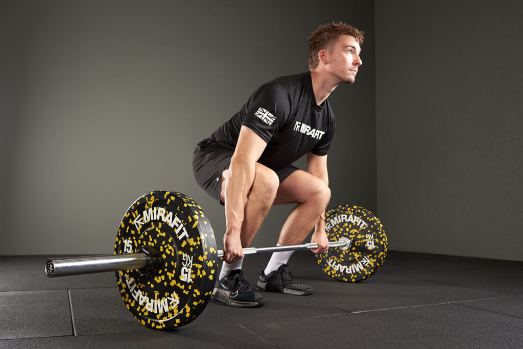 Set up for a Clean and Jerk using Mirafit Bumper Plates