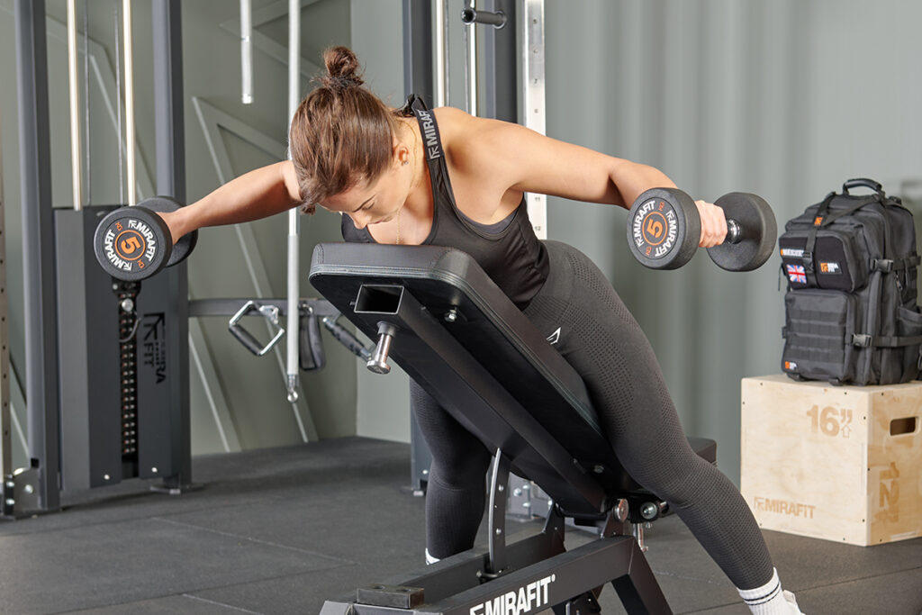 Mirafit Rubber Dumbbell Set Rear delt fly using a Mirafit Rubber Dumbbell Set