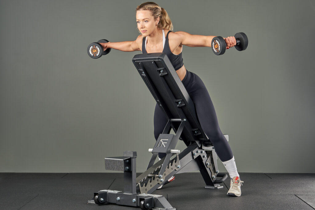Mirafit M450 Adjustable Weight Bench Chest supported dumbbell reverse flye with 5kg Dumbbells