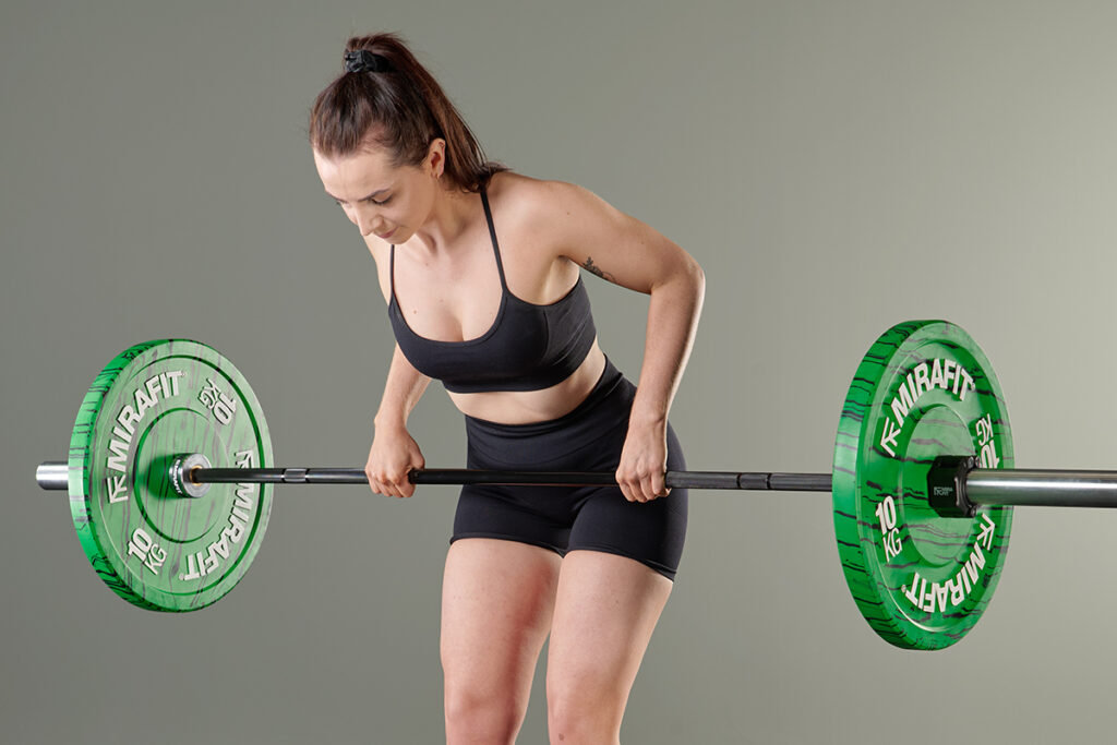 Overhand barbell row with Mirafit Marbled Bumper Plates