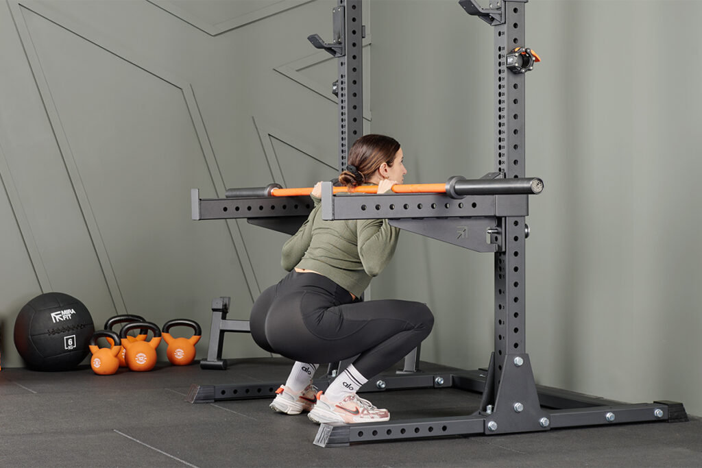 Mirafit M4 Squat Rack Anderson squat starting position with Mirafit barbell