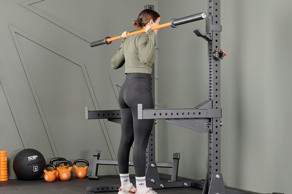 Mirafit M3 7ft 20kg Olympic Barbell pin squat starting position with Mirafit barbell